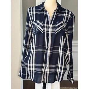 Lucky Brand Womens Plaid Blouse Navy & White Button Collar Pockets Sz M